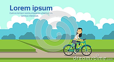 Woman cycling bike city park green lawn trees template landscape background copy space horizontal flat Vector Illustration