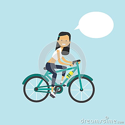 Woman cycling chat bubble character full length over blue background flat Vector Illustration