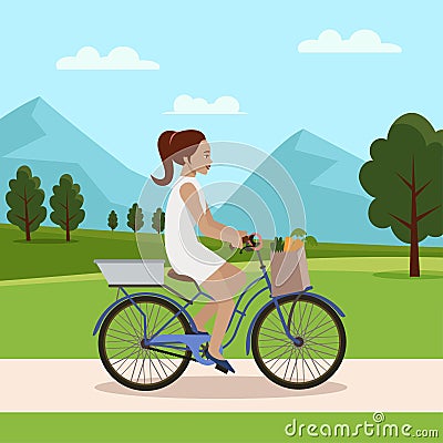 Woman cycling, fitness sport exercises. Person riding bicycle in forest park Vector Illustration