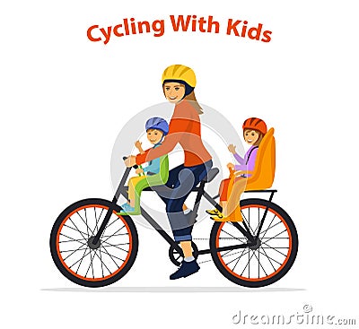 Woman cycling with her children, boy and girl. Vector Illustration