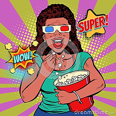 Woman in 3D glasses watching a movie, smiling and eating popcorn Vector Illustration