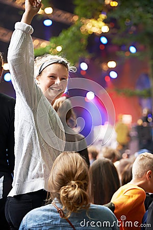 Woman, dance and celebration at music festival, concert or party for social life, excited and happy portrait. People Stock Photo