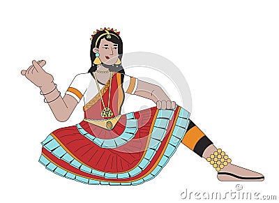 Woman dancer bharatanatyam on Deepavali line cartoon flat illustration Vector Illustration