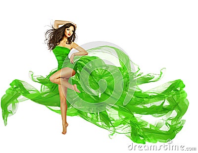 Woman Dancing Green Dress, Dancer Fashion Model Flying Fabric Stock Photo