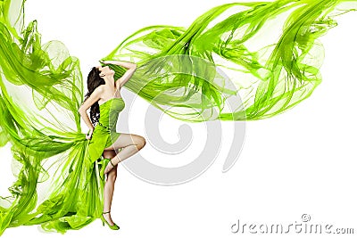 Woman dancing in green dress, fluttering waving fa Stock Photo