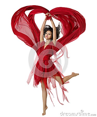 Woman Dancing With Heart Shaped Fabric Cloth, Girl Red Dress Stock Photo