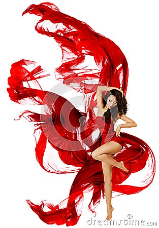 Woman Dancing Red Dress, Fashion Model Dance Flying Waving Fabric Stock Photo