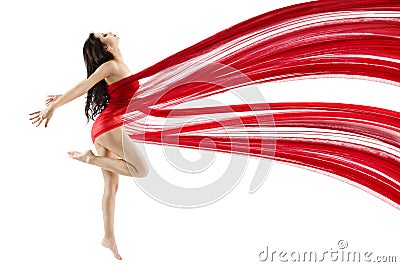 Woman dancing with red flying waving chiffon cloth Stock Photo