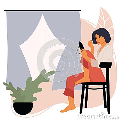A woman with a dark bob sits on a chair in the bathroom, relishes in a small mirror and does makeup Vector Illustration