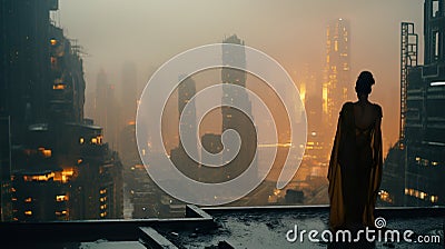 woman in dark futuristic cyberpunk city, fantasy and sci fi Stock Photo