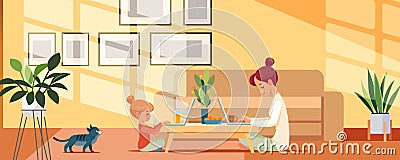 Woman with daughter working at home with laptop computer in sunny cozy interior home office. Child online education in Vector Illustration