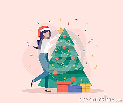 Woman decorate Christmas Tree. Gift boxes are near Christmas Tree. Vector Illustration