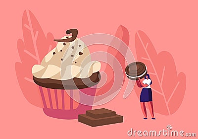 Woman Decorate Festive Cupcake with Chocolate, Cream and Cookies. Tiny Female Character Decorating Huge Pie Vector Illustration