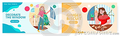 Woman decorate house for christmas holiday. Festive season vector concept illustration. Woman making gingerbread cookie Vector Illustration
