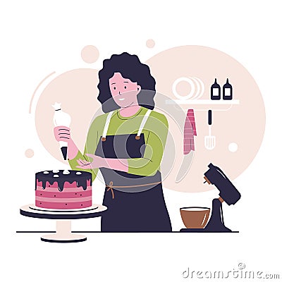Woman decorates cake with butter cream Vector Illustration