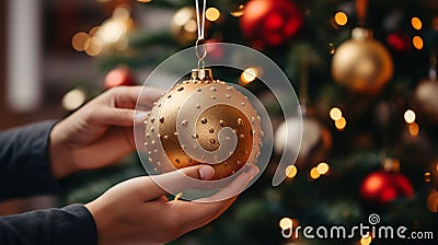 Woman decorates a Christmas tree and hangs a shiny ball on it. Generative Ai Stock Photo