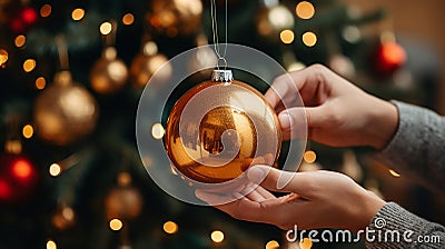 Woman decorates a Christmas tree and hangs a shiny ball on it. Generative Ai Stock Photo