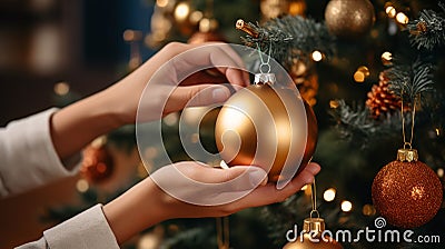 Woman decorates a Christmas tree and hangs a shiny ball on it. Generative Ai Stock Photo