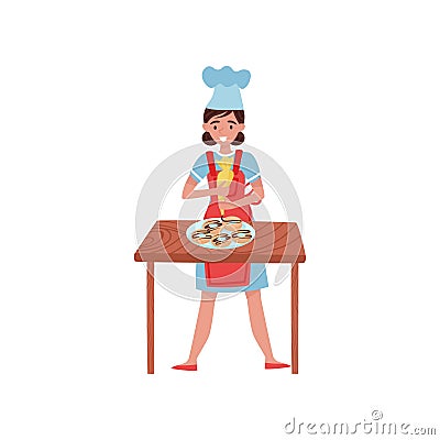 Woman decorating donuts with pastry bag. Confectioner or baker in working uniform. Flat vector design Vector Illustration