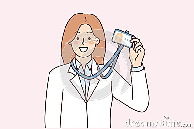 Woman demonstrate id card hanging around neck for identification and entry into science laboratory Vector Illustration