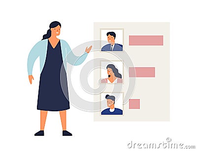 Woman demonstrate results of voting or rating candidates vector flat illustration. Female showing analysis graph of Vector Illustration