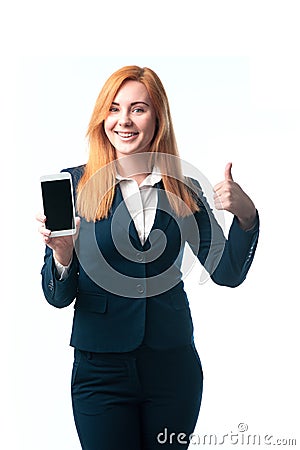 Woman demonstrates a phone Stock Photo