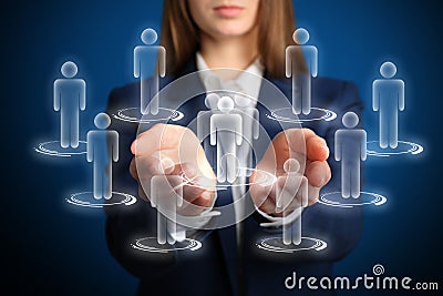 Woman demonstrating virtual structure of organization. Business corporation Stock Photo