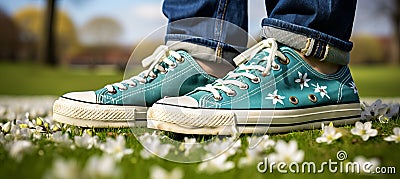 Woman in denim and blue sneakers standing in vibrant green grass, symbolizing spring awakening Stock Photo