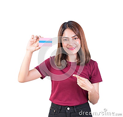 Woman dental braces smile holding Pointing finger credit card. closeup on white background Stock Photo