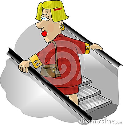 Woman on a department store escalator Cartoon Illustration