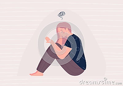 Woman depression with bewildered in her mind and Sedative Pill in his hand antidepressant illustration. Medication treating Vector Illustration