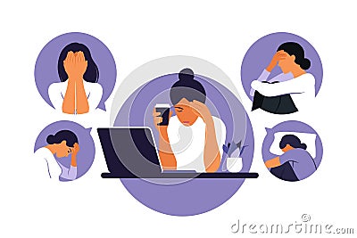 Woman in depression with bewildered thoughts in her mind. Young sad girl sitting at laptop. Vector illustration. Flat style Vector Illustration