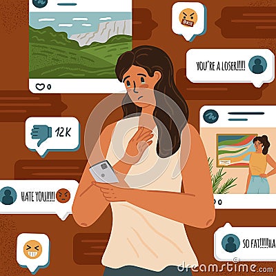 Woman in depression and crying after reading comments and hate messages in her mobile phone. Online cyberbullying in Vector Illustration