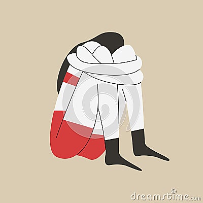 Woman in depression sitting and crying with her hands around her knees. Stressful situation concept. Flat vector illustration Vector Illustration