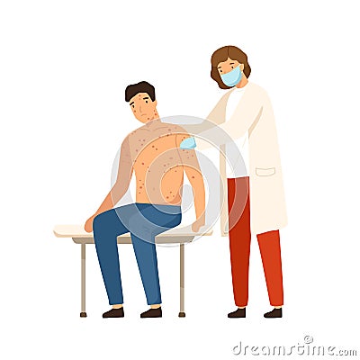 Woman dermatologist in medical mask examine patient with chickenpox vector flat illustration. Unhappy man visit doctor Vector Illustration