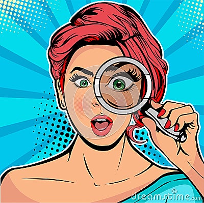 The woman is a detective looking through magnifying glass search. Vector pop art illustration Vector Illustration