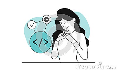 Woman developer and development source code vector illustration concept. Business programming and application engineer project. Vector Illustration