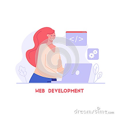 Woman developing mobile or web product. Web development. Concept of app development, UI interface, designing and programming. Cartoon Illustration