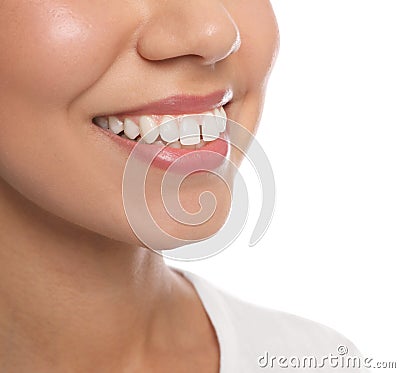 Woman with diastema between upper front teeth on white background, closeup Stock Photo