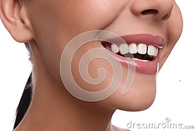 Woman with diastema between upper front teeth on white background, closeup Stock Photo