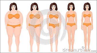 Woman diet concept. woman slimming stage progress. Female before and after a diet. Vector Illustration