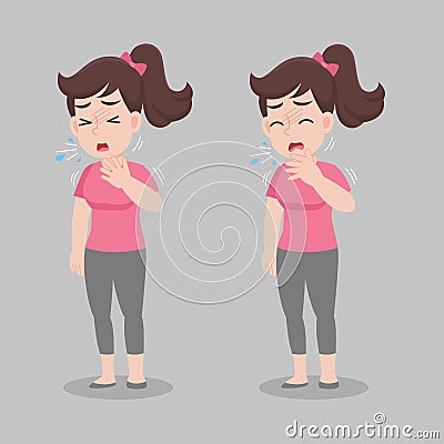 Woman with different diseases symptoms - fever, cough Vector Illustration