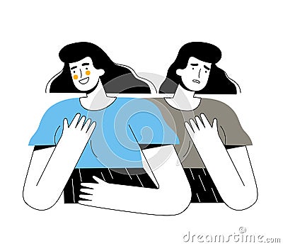 Woman with different emotions and bipolar disorder. The girl smiles and laughs and is sad or worried Vector Illustration