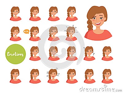 Woman with different emotions. Joy, sadness, anger, talking, funny, fear, smile. Set. Isolated illustration on white Vector Illustration