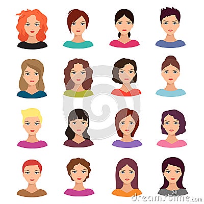 Woman with different hairstyle. Beautiful young female faces vector avatar set Vector Illustration