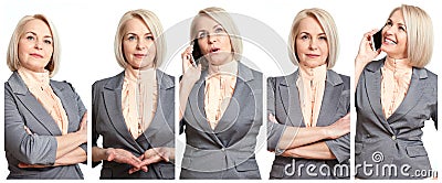 Woman in different situations collage. Beautiful middle-aged businesswoman in joy, serious, talking on cell phone Stock Photo