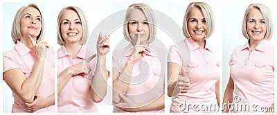 Woman in different situations collage. Beautiful middle-aged businesswomen in joy, serious, showing, surprised Stock Photo