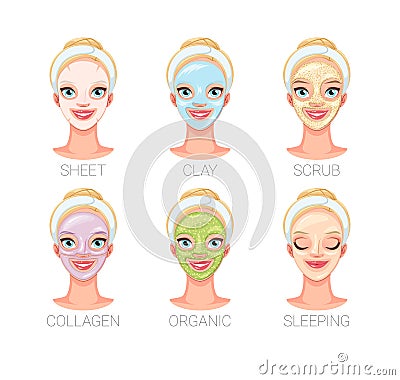 Woman with different skin care facial mask types. Set of vector illustrations. Vector Illustration