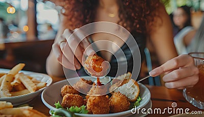 Woman dipping tasty nugget into sauce on wooden table Stock Photo