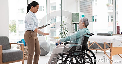 Woman with disability, physiotherapy and dumbbell rehabilitation of healthcare assessment, test or checklist of healing Stock Photo